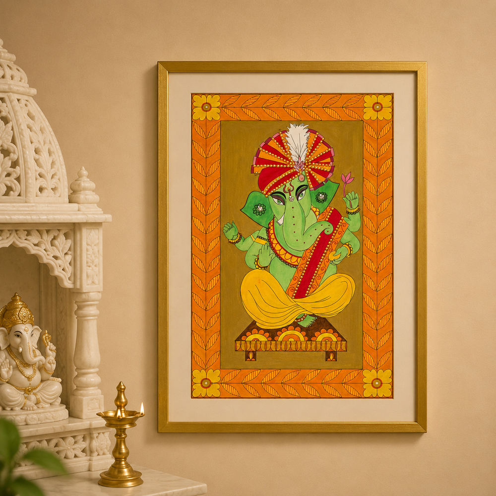 Hand-Painted Green Lord Ganesha with Gold Frame | Traditional Folk Art Painting | Made in Dubai | 10 x 14.5 Inches