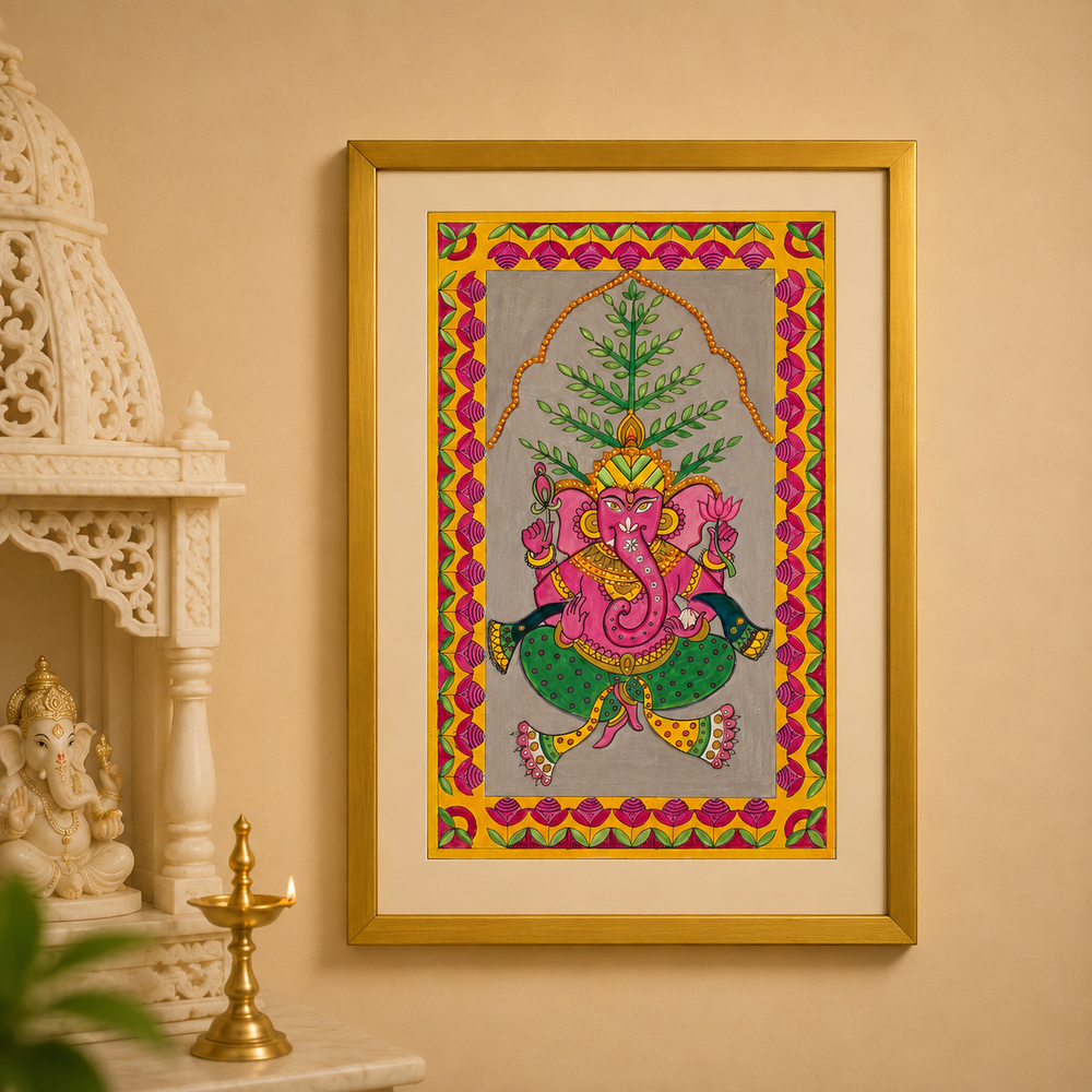 Hand-Painted Pink Lord Ganesha with Gold Frame | Traditional Indian Folk Art Painting | 10 x 14.5 Inches
