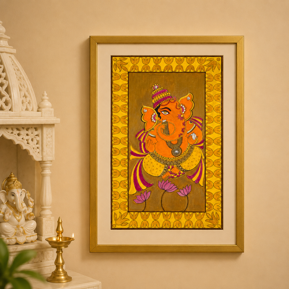 Hand-Painted Lord Ganesha on Lotus with Gold Frame | Traditional Indian Folk Art Painting | 10 x 14.5 Inches