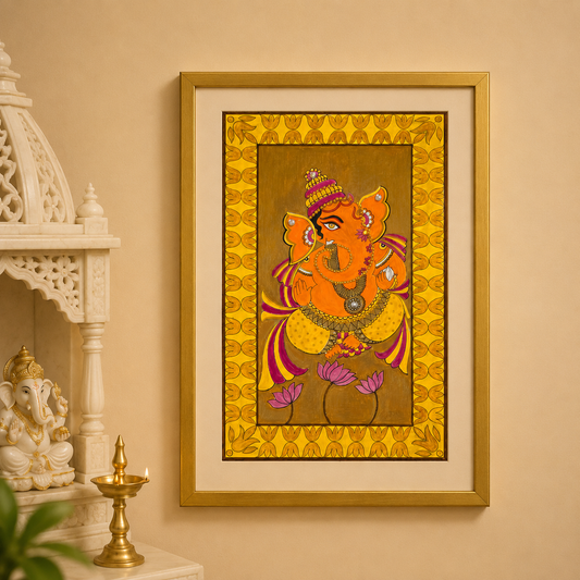 Hand-Painted Lord Ganesha on Lotus with Gold Frame | Traditional Indian Folk Art Painting | 10 x 14.5 Inches