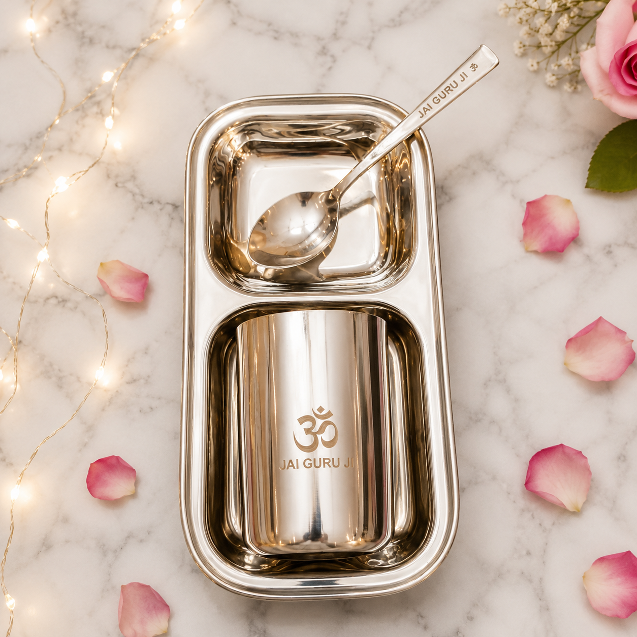 Guru Ji Stainless Steel Thaal Set – Devotional Dining & Prasad Set