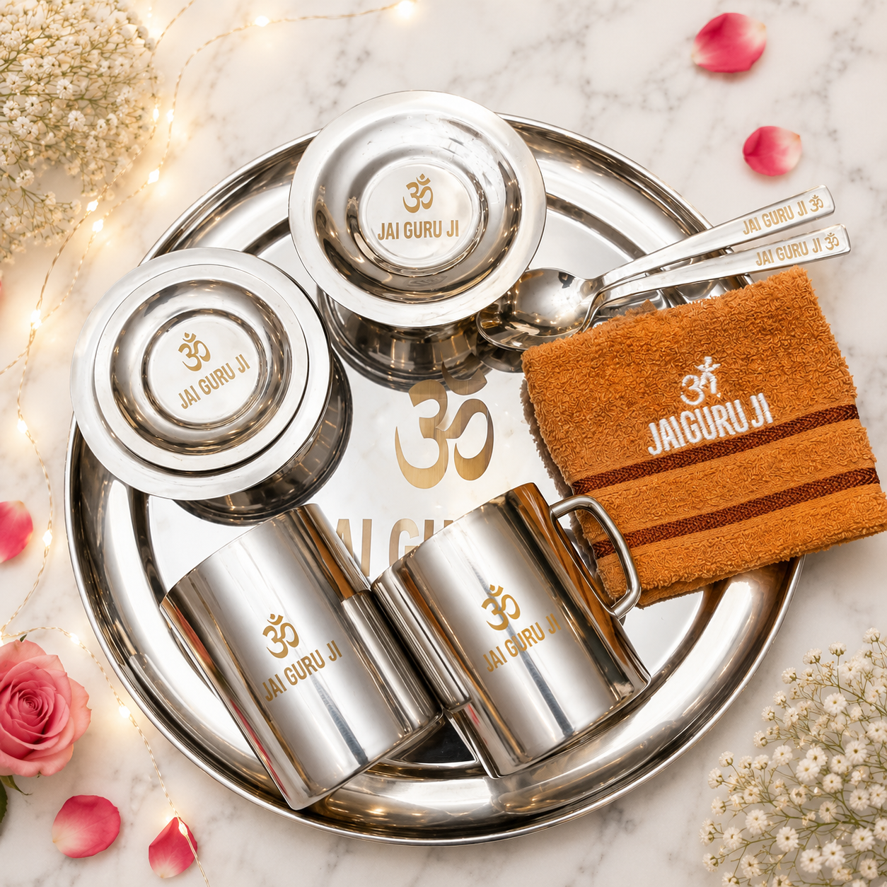 Guru Ji Stainless Steel Premium Thaal Set with Embroidered Towel –  Spiritual Dining & Seva Set