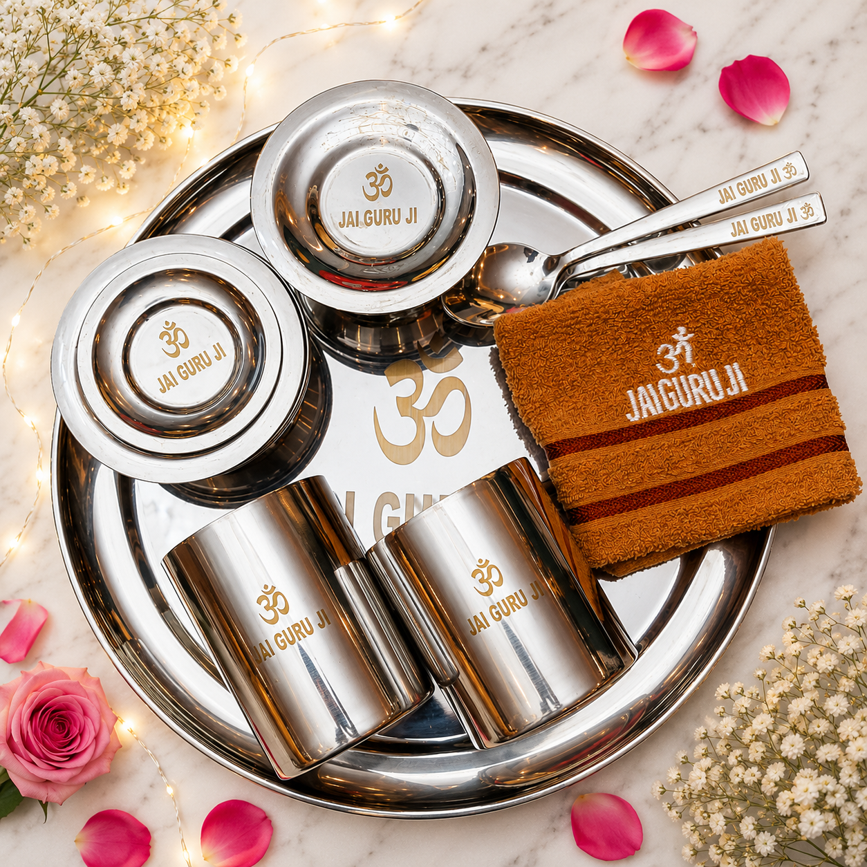 Guru Ji Stainless Steel Premium Thaal Set with Embroidered Towel – Devotional Dining Collection