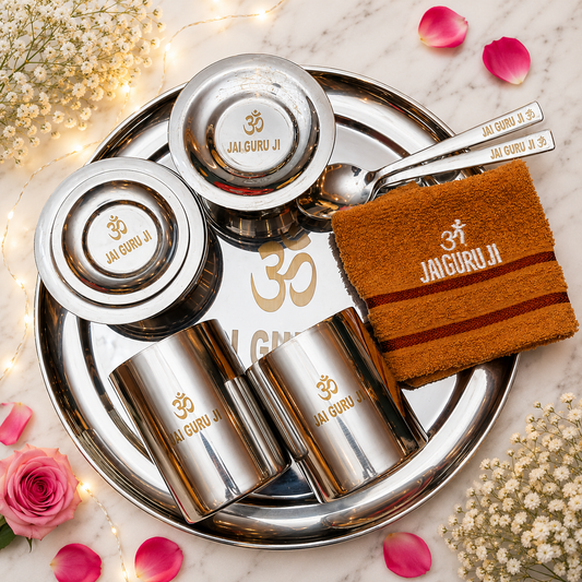 Guru Ji Stainless Steel Premium Thaal Set with Embroidered Towel – Devotional Dining Collection