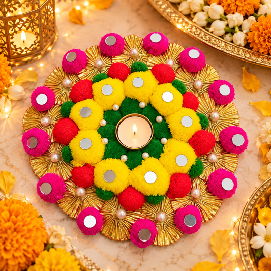 Festive Floral Rangoli Mat with Diya Holders – Approx. 12 Inches