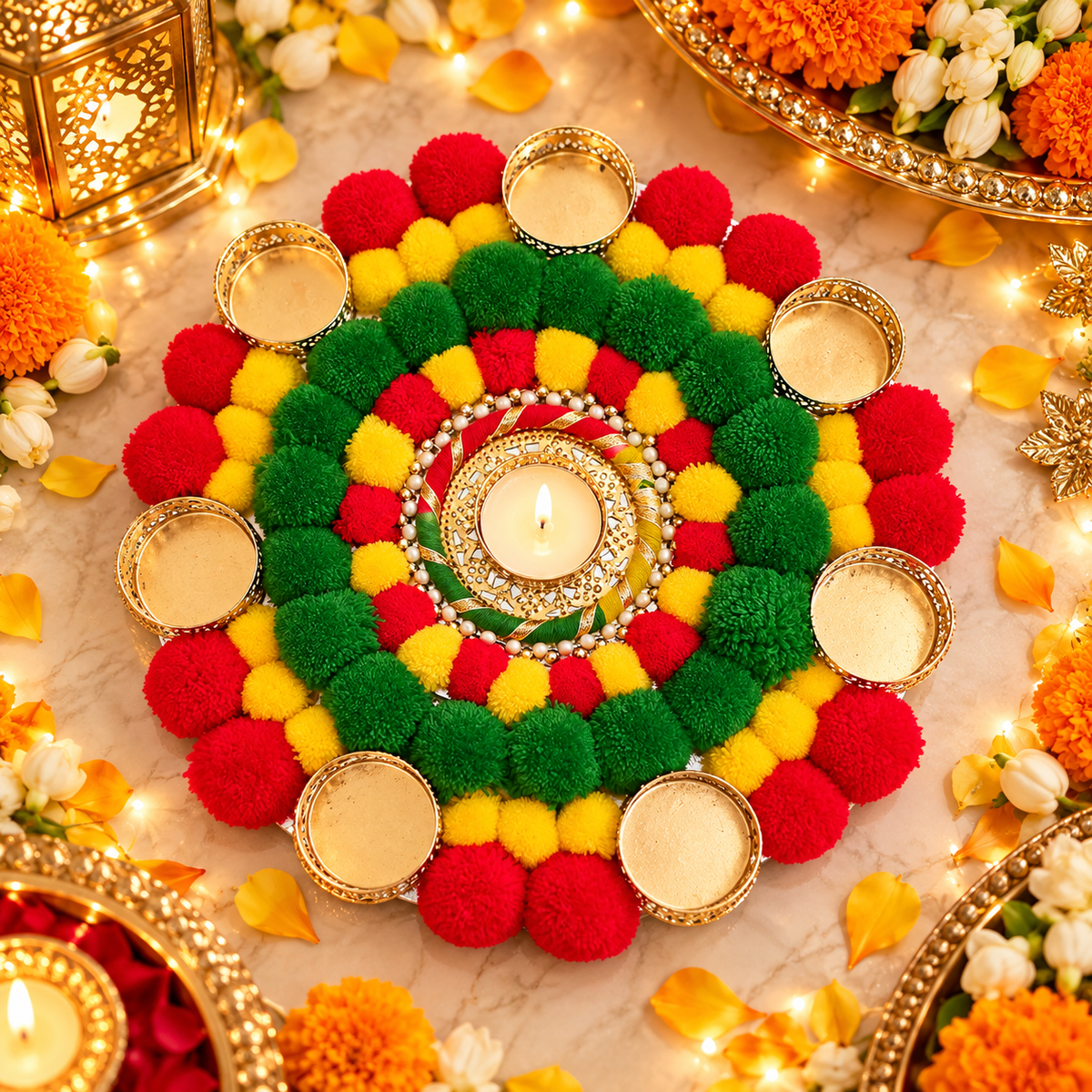 Traditional Floral Rangoli Mat with 7 Diya Holders – Approx. 12 Inches