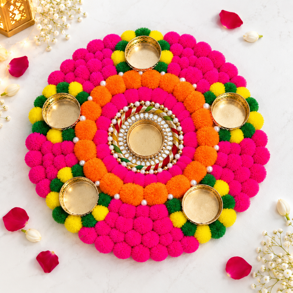 Gulabi Genda Festive Rangoli with 6 Tealight Holders – Approx. 12 Inch