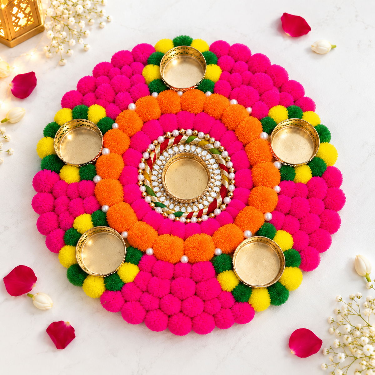 Gulabi Genda Festive Rangoli with 6 Tealight Holders – Approx. 12 Inch