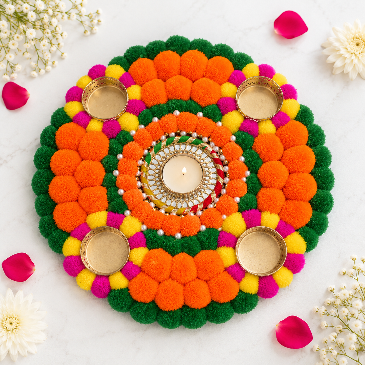 Genda Phool Festive Rangoli with 5 Tealight Holders – Approx. 12 Inch