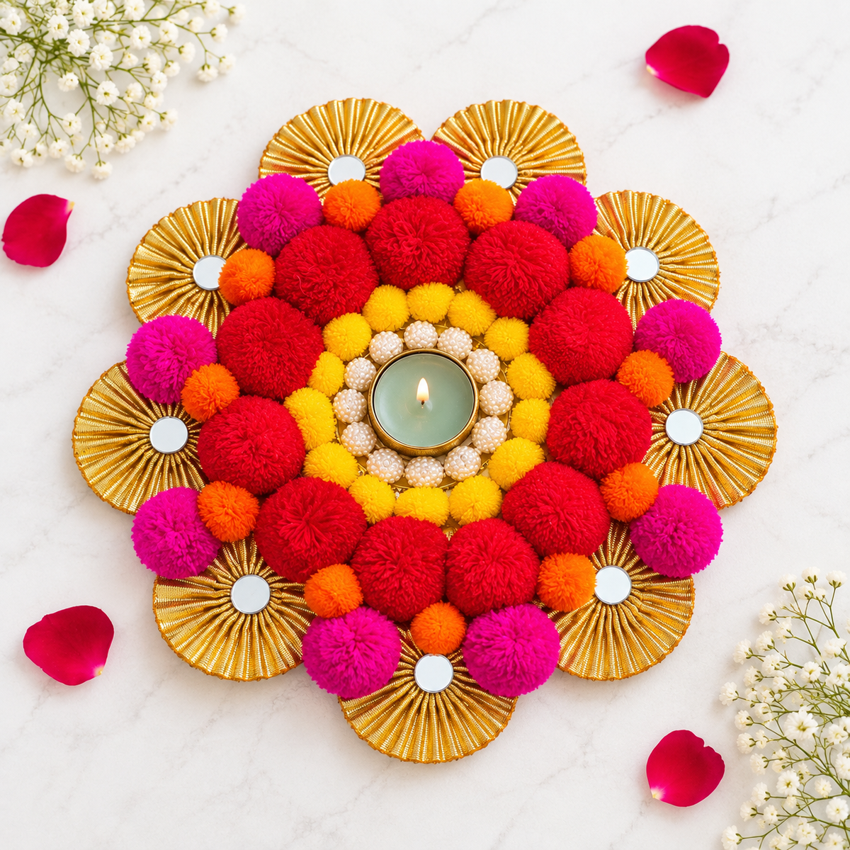 Product Title Gulabi Utsav Festive Rangoli Tealight Décor – Approx. 7 Inch