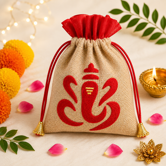 Handcrafted Ganesha Jute Potli Bag | 8 x 6 Inches | Red
