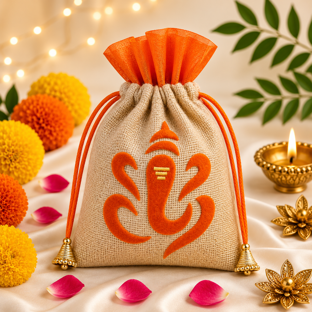 Handcrafted Orange Ganesha Jute Potli Bag | 8 x 6 Inches | Festive Gift Bag