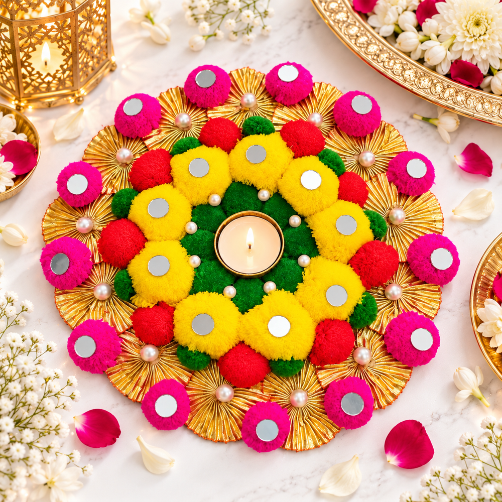 Festive Floral Rangoli Mat with Diya Holders – Approx. 12 Inches