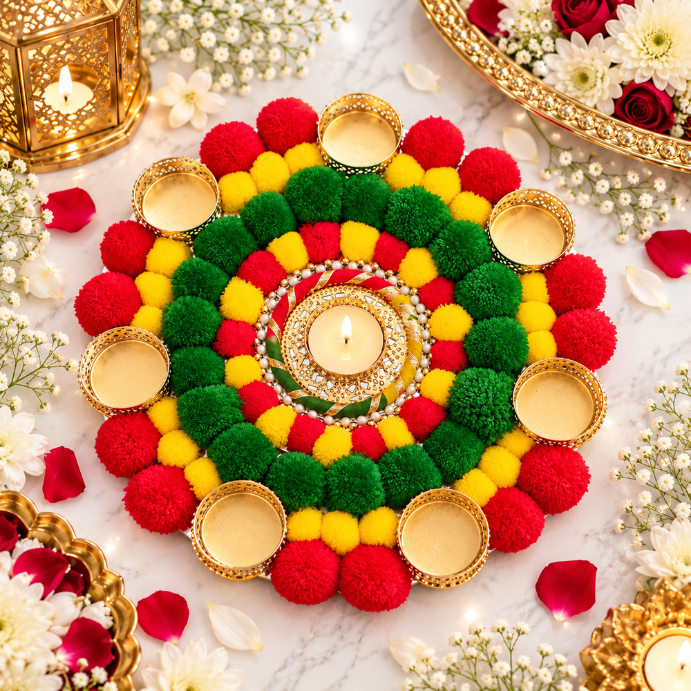 Traditional Floral Rangoli Mat with 7 Diya Holders – Approx. 12 Inches