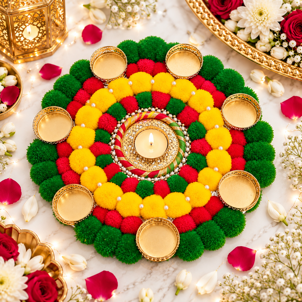 Traditional Red, Yellow & Green Floral Rangoli with 7 Diya Holders – Approx. 12 Inches