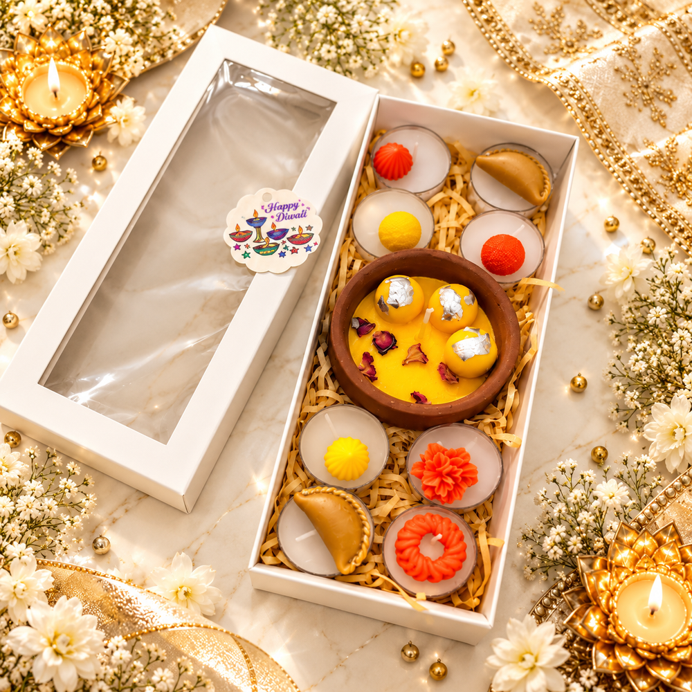 Kesar Rasmalai Candle Diwali Gift Box | Luxury Mithai Candle Hamper