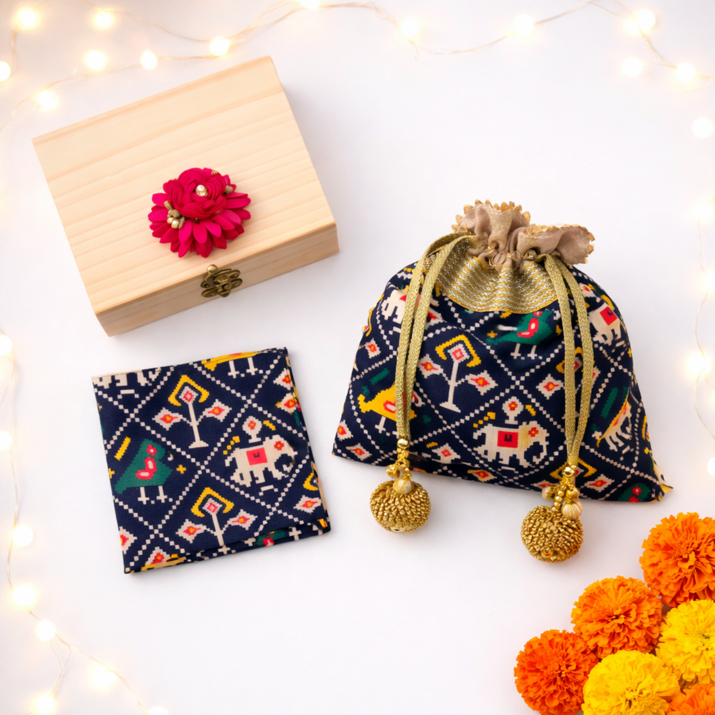 Royal Heritage Pocket Square & Potli Set – Midnight Blue Festive Edition