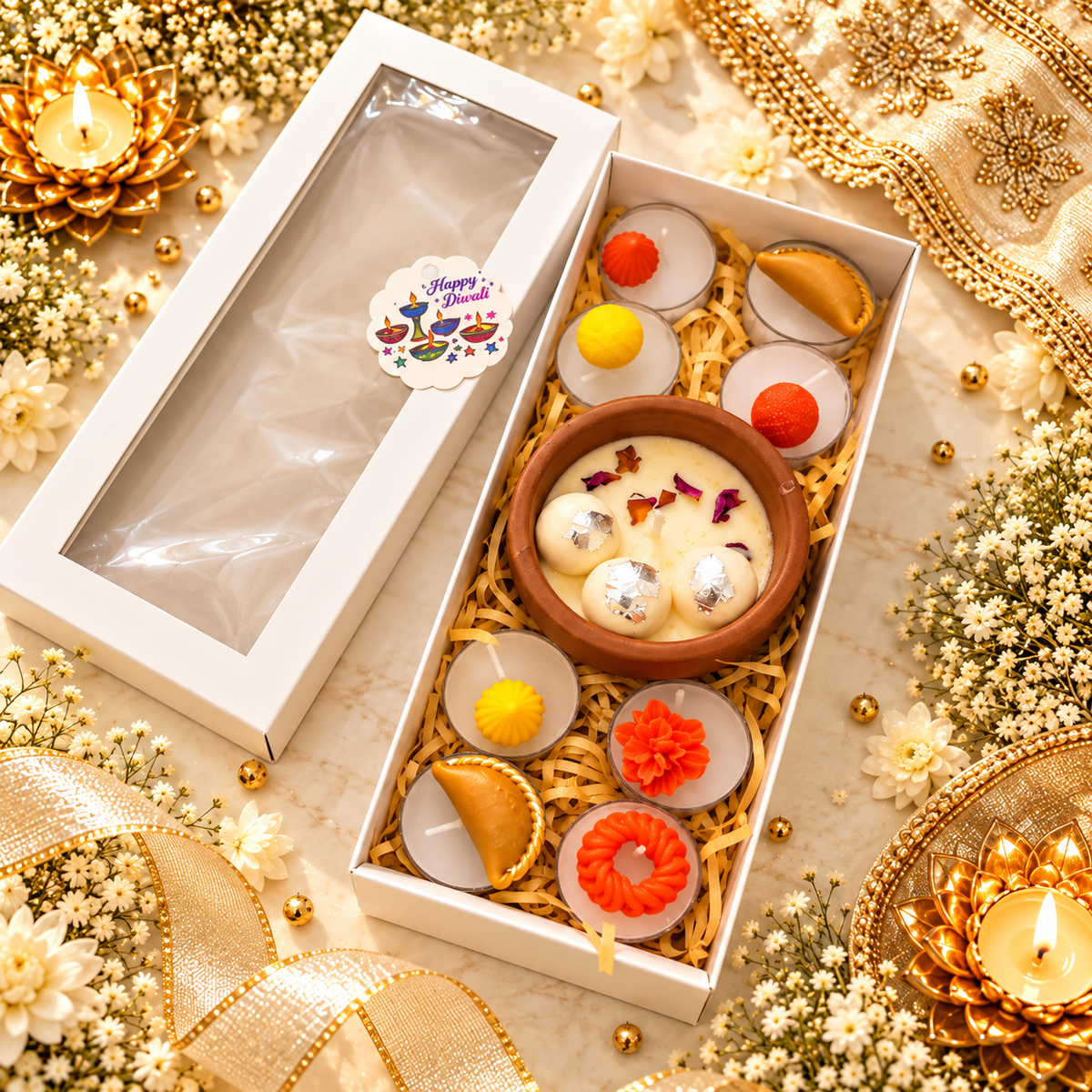 Rasgulla Candle Diwali Gift Box | Luxury Mithai Candle Hamper