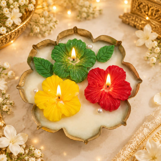 Tropical Hibiscus Urli Candle – 4 Inch | Floral Festive Candle