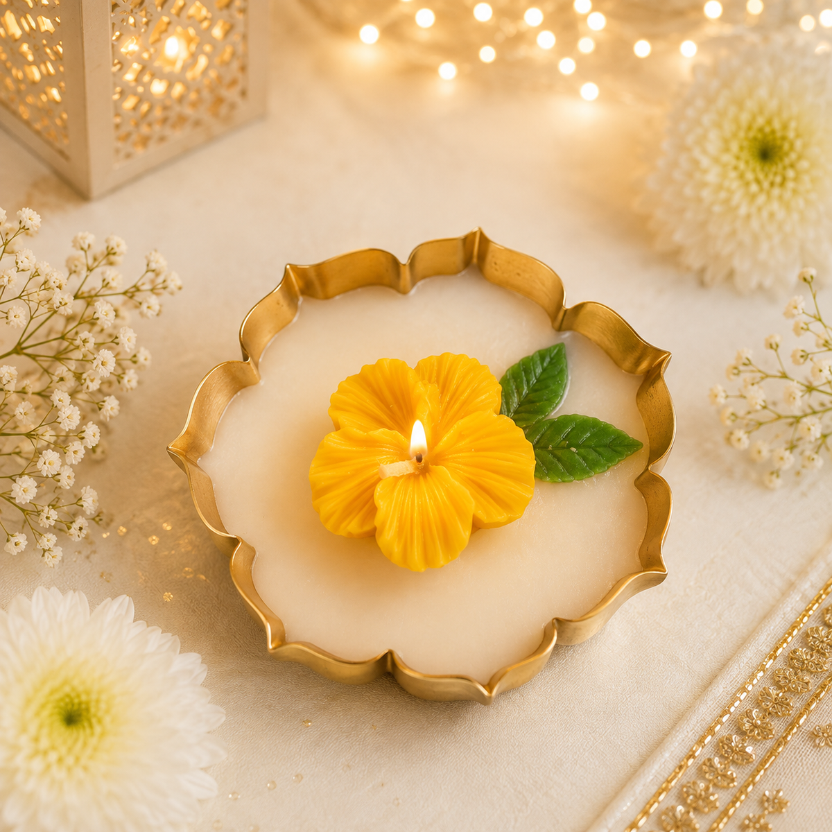 Yellow Hibiscus Urli Candle – 5.5 Inch